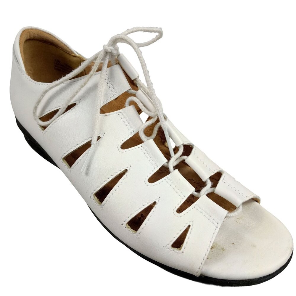 ARRAY Women’s Beverly White Leather Cage Sandals - Low Heel Size 8.5 M